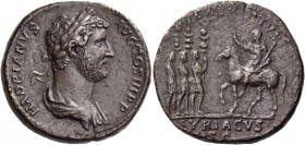 Hadrian, 117 – 138. Sestertius 134-138, Æ 25.54 g. Laureate and draped bust r. Rev. Hadrian advancing l. on horseback, holding sceptre; in l. field, t...