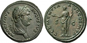 Hadrian, 117 – 138. Sestertius 132-134, Æ 27.73 g. Laureate and draped bust r. Rev. Clementia standing l., holding in r. hand patera and sceptre in l....
