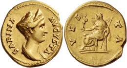 Sabina, wife of Hadrian. Aureus 128-136, AV 7.17 g. Draped bust r. with hair coiled and piled on back of head behind tiara. Rev. Vesta seated l., hold...