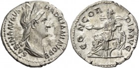 Sabina, wife of Hadrian. Denarius 128-136, AR 3.22 g. Diademed and draped bust r., with hair waved, rising into crest and knotted in queue. Rev. Conco...