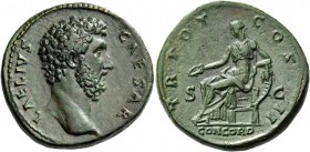Aelius caesar, 136 – 138. Sestertius 137, Æ 28.17 g. Bare-headed bust r. Rev. Concordia seated l., holding patera and leaning l. elbow on cornucopiae ...