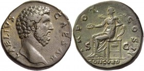 Aelius caesar, 136 – 138. Sestertius 137, Æ 25.76 g. Bare-headed bust r. Rev. Concordia seated l., holding patera and leaning l. elbow on cornucopiae ...