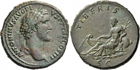 Antoninus Pius augustus, 138 – 161. Sestertius 140-144, Æ 27.35 g. Laureate head r. Rev. Tiber, crowned with reeds, reclining l. and leaning on urn wh...