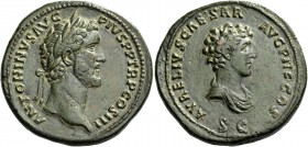 Antoninus Pius augustus, 138 – 161. Sestertius 140-144, Æ 25.05 g. Laureate head of Antoninus Pius r. Rev. Bare-headed and draped bust of M. Aurelius ...
