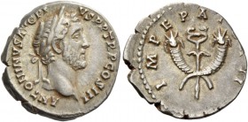 Antoninus Pius augustus, 138 – 161. Denarius 143-144, AR 3.27 g. Laureate head r. Rev. Winged caduceus between two crossed cornucopiae. C 451. RIC 112...