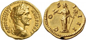 Antoninus Pius augustus, 138 – 161. Aureus 145-161, AV 7.06 g. Laureate, draped and cuirassed bust r. Rev. Felicitas standing l., holding capricorn an...