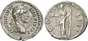 Antoninus Pius augustus, 138 – 161. Denarius 145-161, AR 3.34 g. Laureate, draped and cuirassed bust r. Rev. Concordia standing l., holding patera and...