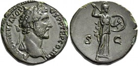 Antoninus Pius augustus, 138 – 161. Sestertius 145-161, Æ 24.63 g. Laureate head r., drapery on l. shoulder. Rev. Athena advancing r., holding spear a...