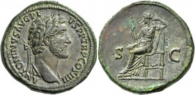 Antoninus Pius augustus, 138 – 161. Sestertius 145-161, Æ 27.14 g. Laureate and draped bust r. Rev. Securitas seated l., holding in r. hand sceptre an...