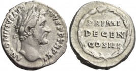 Antoninus Pius augustus, 138 – 161. Denarius 147-148, AR 3.35 g. Laureate head r. Rev. Legend within oak-wreath. C 673. RIC 172. Scarce. Very fine