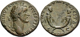 Antoninus Pius augustus, 138 – 161. Sestertius 148-149, Æ 23.78 g. Laureate head r. Rev. Crossed cornuacopiae from which a grape bunch flanked by two ...