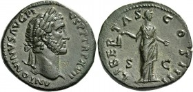 Antoninus Pius augustus, 138 – 161. Sestertius 153-154, Æ 24.70 g. Laureate head r. Rev. Libertas standing r., holding pileus. C 535. RIC 916a. Dark g...