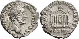 Antoninus Pius augustus, 138 – 161. Denarius 158-159, AR 3.33 g. Laureate head r. Rev. Octastyle temple, within which, seated statues of Divus Augustu...