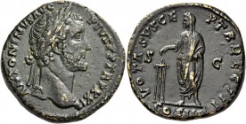 Antoninus Pius augustus, 138 – 161. Sestertius 158-159, Æ 23.73 g. Laureate head r. Rev. Emperor standing l., veiled and togate, sacrificing out of pa...
