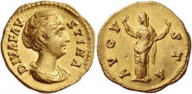 Faustina I, wife of Antoninus Pius. Diva Faustina. Aureus after 141, AV 7.32 g. Draped bust r., hair waved and coiled on top of head. Rev. Ceres stand...