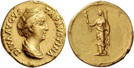 Faustina I, wife of Antoninus Pius. Diva Faustina. Aureus after 141, AV 7.16 g. Draped bust r., hair waved and coiled on top of head. Rev. Ceres stand...