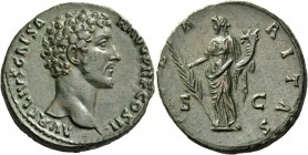 Marcus Aurelius caesar, 139 – 161. Sestertius 145, Æ 24.06 g. Bare head r. Rev. Hilaritas standing l., holding palm branch and cornucopiae. C –. RIC A...