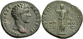 Marcus Aurelius caesar, 139 – 161. Sestertius 148–149, Æ 26.43 g. Bare head r. Rev. Honos standing facing, holding sceptre and cornucopiae. C 242. RIC...