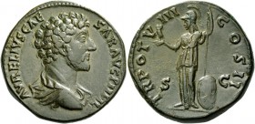 Marcus Aurelius caesar, 139 – 161. Sestertius 153-154, Æ 25.56 g. Bare-headed and draped bust r. Rev. Minerva standing l., holding Victory, sceptre an...