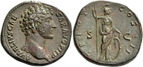 Marcus Aurelius caesar, 139 – 161. Sestertius 161, Æ 28.60 g. Bare head r. Rev. Minerva standing r., holding spear in r. hand and resting l. on shield...