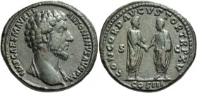 Marcus Aurelius augustus, 161 – 180. Sestertius March-December 161, Æ 26.66 g. Bare-headed bust r., with drapery on l. shoulder. Rev. M. Aurelius and ...