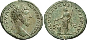 Marcus Aurelius augustus, 161 – 180. Sestertius March-December 161, Æ 20.89 g. Laureate head r. Rev. Salus standing l., feeding out of patera in r. ha...