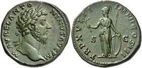Marcus Aurelius augustus, 161 – 180. Sestertius 163-164, Æ 26.94 g. Laureate head r. Rev. Minerva standing l., holding olive branch, spear and shield....