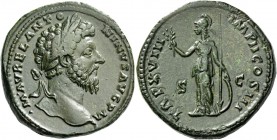 Marcus Aurelius augustus, 161 – 180. Sestertius 163-164, Æ 28.54 g. Laureate head r. Rev. Minerva standing l., holding olive branch, spear and shield....
