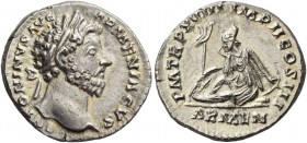 Marcus Aurelius augustus, 161 – 180. Denarius 164, AR 3.27 g. Laureate head r. Rev. Armenia seated l. in attitude of mourning, resting arm on bow; in ...