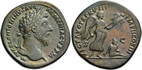 Marcus Aurelius augustus, 161 – 180. Sestertius 164, Æ 26.64 g. Laureate head r. Rev. Victory standing r., holding trophy; in r. field, Armenia seated...