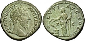 Marcus Aurelius augustus, 161 – 180. Sestertius 169-170, Æ 25.92 g. Laureate head r. Rev. Salus standing l., feeding snake coiled around altar and hol...