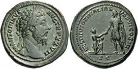 Marcus Aurelius augustus, 161 – 180. Sestertius 172-173, Æ 30.79 g. Laureate head r. Rev. Emperor standing l., holding spear, raising Italia, who knee...