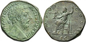 Marcus Aurelius augustus, 161 – 180. Sestertius 173-174, Æ 30.05 g. Laureate head r. Rev. Jupited seated l., holding Victory and sceptre. C 250. RIC 1...