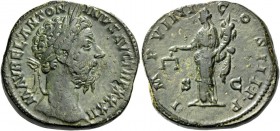 Marcus Aurelius augustus, 161 – 180. Sestertius 177-178, Æ 26.69 g. Laureate head r. Rev. Aequitas standing l., holding scales and cornucopiae. C 375....