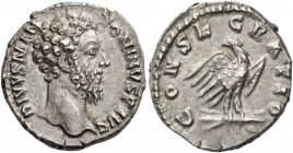 Marcus Aurelius augustus, 161 – 180. Divus Marcus Aurelius. Denarius 180, AR 3.26 g. Bare head r. Rev. Eagle standing r. on thunderbolt, head l. C 83....