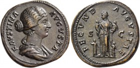 Faustina II, daughter of A. Pius and wife of M. Aurelius. Sestertius 161-176, Æ 23.60 g. Draped bust r., hair waved and coiled on back of head. Rev. F...
