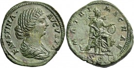 Faustina II, daughter of A. Pius and wife of M. Aurelius. Sestertius 161-176, Æ 27.48 g. Draped bust r. Rev. Cybele seated r., holding drum; at her si...