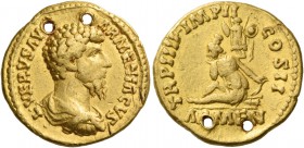 Lucius Verus, 161 – 169. Aureus circa 161-162, AV 7.32 g. Bare-headed, draped and cuirassed bust r. Rev. Armenia seated l. in atti­tude of mourning; b...