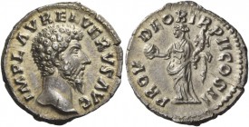 Lucius Verus, 161 – 169. Denarius 161-162, AR 2.86 g. Bare head r. Rev. Providentia standing l., holding globe and cornucopiae. C 155. RIC M. Aurelius...