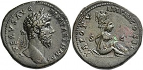 Lucius Verus, 161 – 169. Sestertius August-December 165, Æ 27.93 g. Laureate head r. Rev. Parthian captive seated r.; behind, trophy. C 193. RIC M. Au...