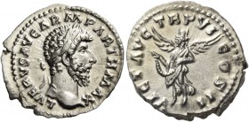 Lucius Verus, 161 – 169. Denarius 165-166, AR 3.28 g. Laureate head r. Rev. Turreted Victory flying l., holding diadem with both hands. C 339. RIC M. ...