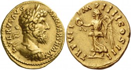 Lucius Verus, 161 – 169. Aureus 166-167, AV 7.25 g. Laureate and cuirassed bust r. Rev. Victory advancing l., holding in r. hand wreath and palm branc...