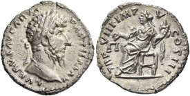 Lucius Verus, 161 – 169. Denarius 168, AR 3.18 g. Laureate head r. Rev. Aequitas seated l., holding scales and cornucopiae. C 318. RIC 595. Old cabine...