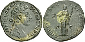 Commodus augustus, 177 – 192. Sestertius 178, Æ 23.04 g. Laureate head r. Rev. Libertas standing l., holding pileus and sceptre. C 331. RIC M. Aureliu...