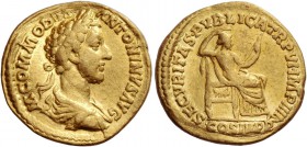 Commodus augustus, 177 – 192. Aureus 181-182, AV 7.05 g. Laureate, draped and cuirassed bust r. Rev. Securitas seated r., resting head on r. hand and ...