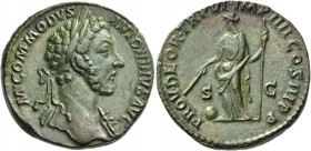 Commodus augustus, 177 – 192. Sestertius 181-182, Æ 22.11 g. Laureate bust r., with aegis. Rev. Providentia standing l., holding scpetre and wand over...
