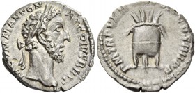 Commodus augustus, 177 – 192. Denarius 183-184, AR 3.43 g. Laureate head r. Rev. Modius with corn ears. C 467. RIC 94. Light iridescent tone and extre...