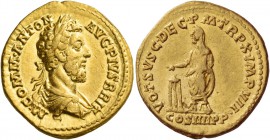 Commodus augustus, 177 – 192. Aureus 184, AV 7.20 g. Laureate, draped and cuirassed bust r. Rev. Commodus, veiled, standing l., sacrificing over tripo...
