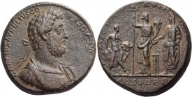 Commodus augustus, 177 – 192. Medallion 192, Æ 68.55 g. Laureate, draped and cuirassed bust r. Rev. Commodus, holding patera over tripod in r. hand an...