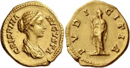 Crispina, wife of Commodus. Aureus circa 180-183, AV 7.35 g. Draped bust r., hair in round coil at back of head. Rev. Pudicitia, veiled, standing l., ...